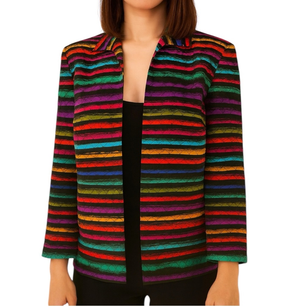 Vintage Maggie London Blazer Size 8 Silk Quilted Jacket Rainbow Striped Retro